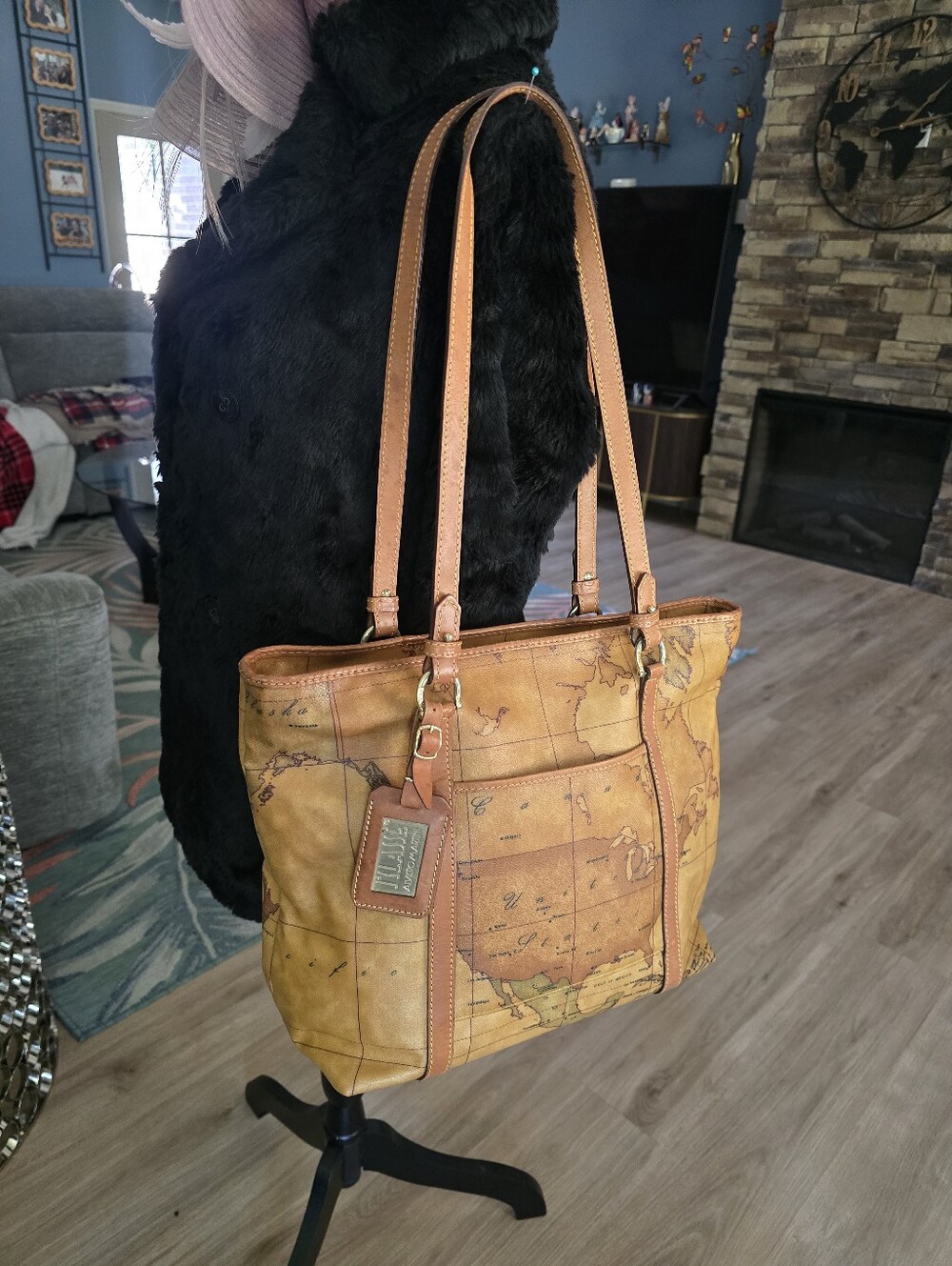 Authentic Alviero Martini Map-Print Leather Tote in Tan and Brown